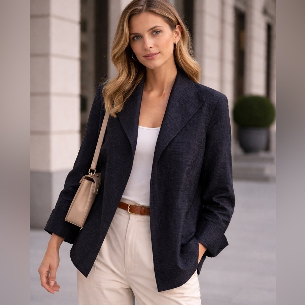 Eileen Fisher Textured Navy silk Blazer size L